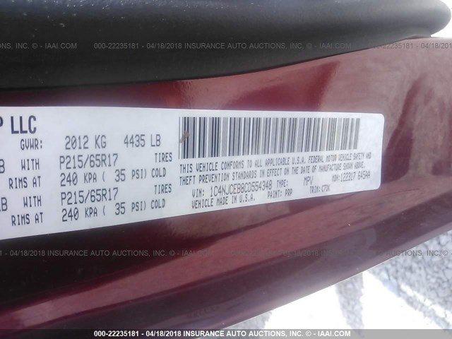 1C4NJCEB8CD554348 - 2012 JEEP COMPASS LATITUDE 红色 照片 9