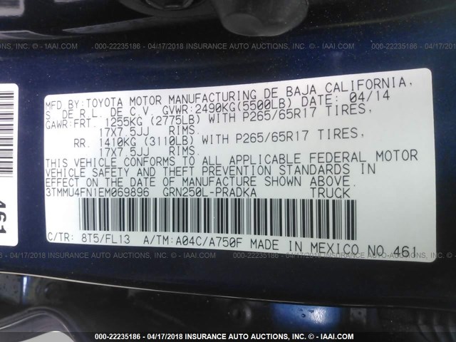 3TMMU4FN1EM069896 - 2014 TOYOTA TACOMA DOUBLE CAB LONG BED BLUE photo 9