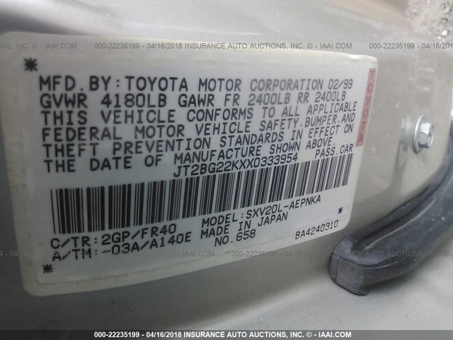 JT2BG22KXX0333954 - 1999 TOYOTA CAMRY LE/XLE TAN photo 9