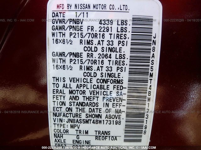 JN8AS5MT4BW173198 - 2011 NISSAN ROGUE S/SV/KROM RED photo 9
