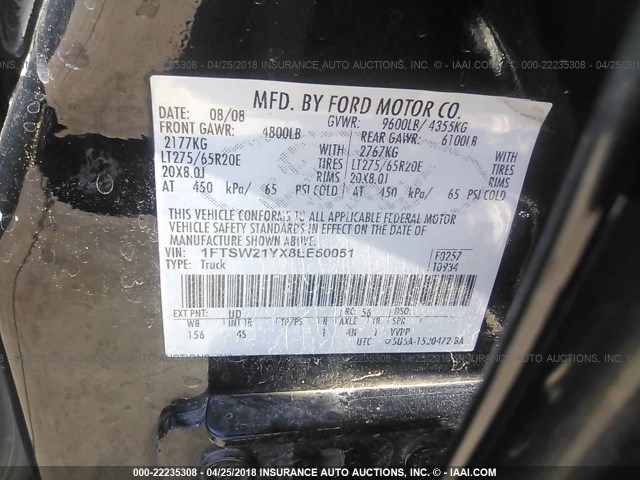 1FTSW21YX8EE50051 - 2008 FORD F250 SUPER DUTY BLACK photo 9