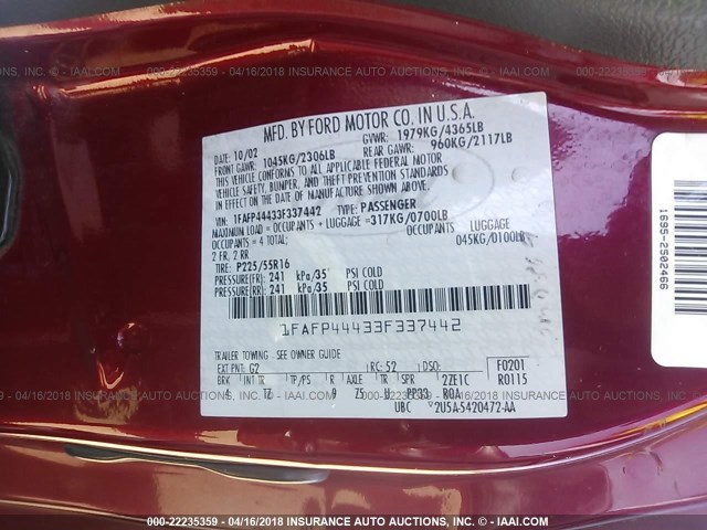 1FAFP44433F337442 - 2003 FORD MUSTANG RED photo 9