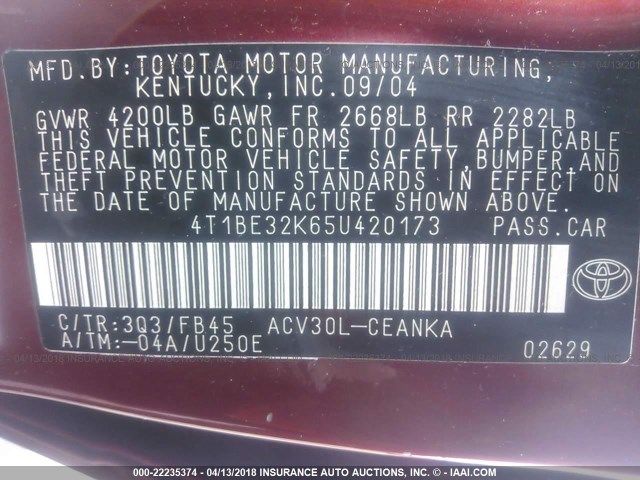 4T1BE32K65U420173 - 2005 TOYOTA CAMRY LE/XLE/SE ბურგუნდია ფოტო 9