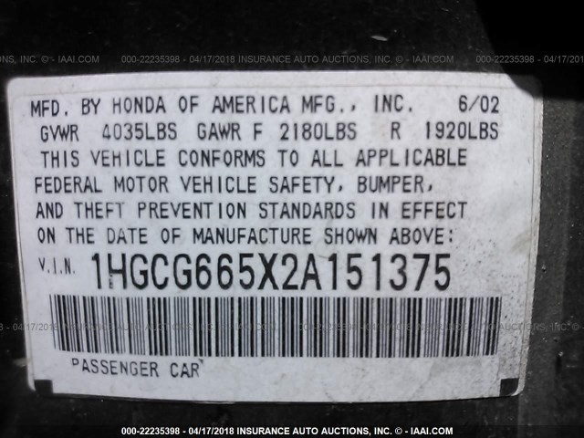 1HGCG665X2A151375 - 2002 HONDA ACCORD LX BLACK photo 9