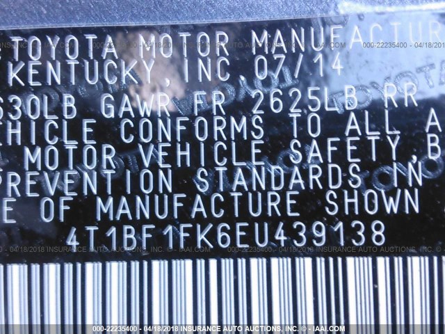 4T1BF1FK6EU439138 - 2014 TOYOTA CAMRY L/SE/LE/XLE ნაცრისფერი ფოტო 9