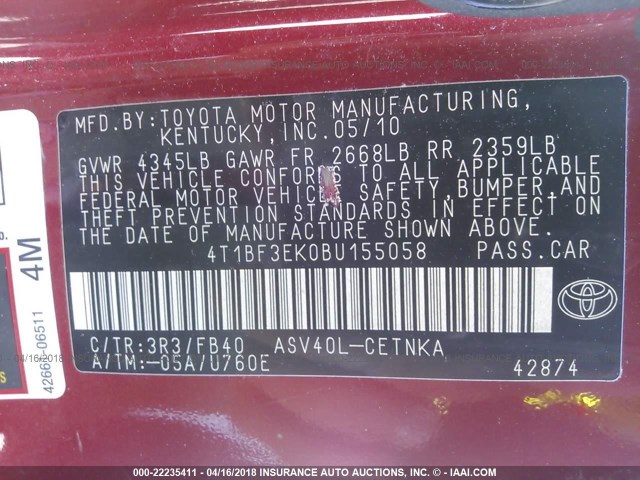 4T1BF3EK0BU155058 - 2011 TOYOTA CAMRY SE/LE/XLE 红色 照片 9