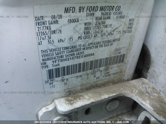 1FTSW21578EE49994 - 2008 FORD F250 SUPER DUTY WHITE photo 9