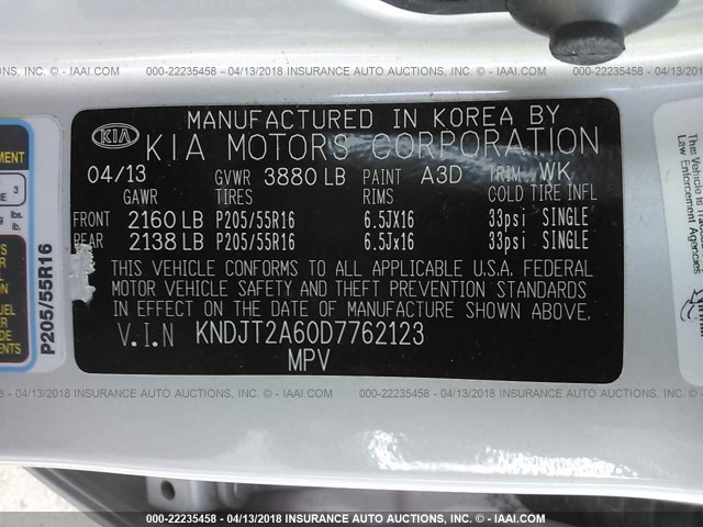 KNDJT2A60D7762123 - 2013 KIA SOUL +/!/SPORT SILVER photo 9