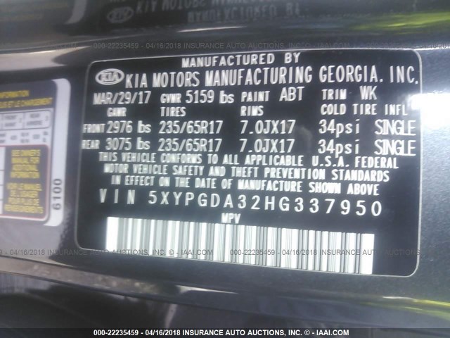 5XYPGDA32HG337950 - 2017 KIA SORENTO LX/L GRAY photo 9