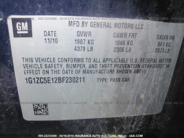 1G1ZC5E12BF230211 - 2011 CHEVROLET MALIBU 1LT 蓝色 照片 9