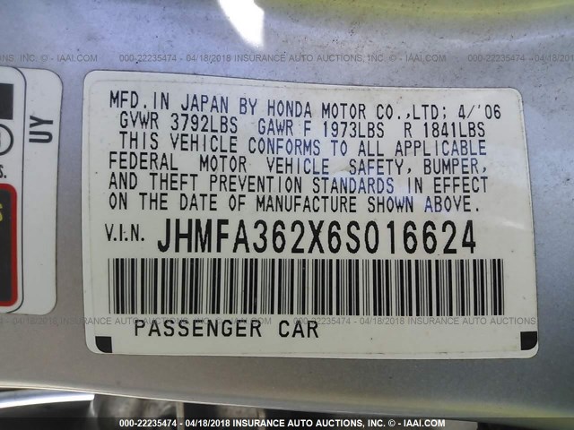 JHMFA362X6S016624 - 2006 HONDA CIVIC HYBRID SILVER photo 9