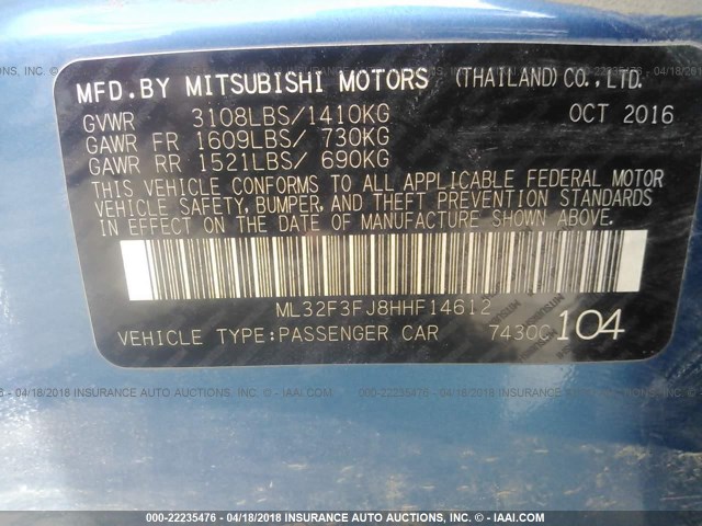 ML32F3FJ8HHF14612 - 2017 MITSUBISHI MIRAGE G4 ES ლურჯი ფოტო 9