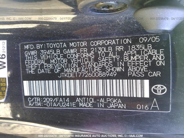 JTKDE177260088949 - 2006 TOYOTA SCION TC 黑色 照片 9