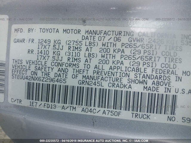 5TEUU42NX6Z296465 - 2006 TOYOTA TACOMA ACCESS CAB SILVER photo 9