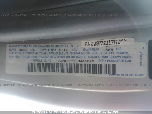 3VWBK21C73M444692 - 2003 VOLKSWAGEN NEW BEETLE GL 银色 照片 9