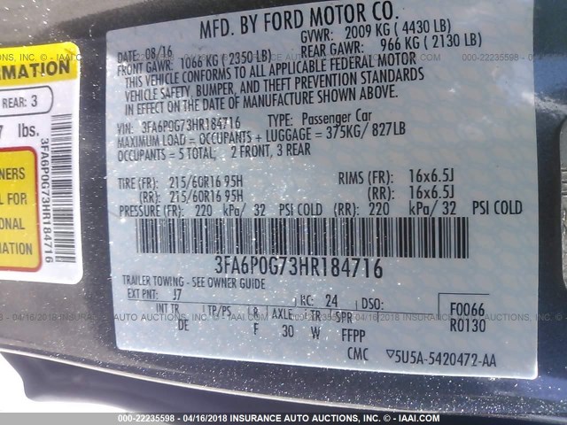 3FA6P0G73HR184716 - 2017 FORD FUSION S GRAY photo 9