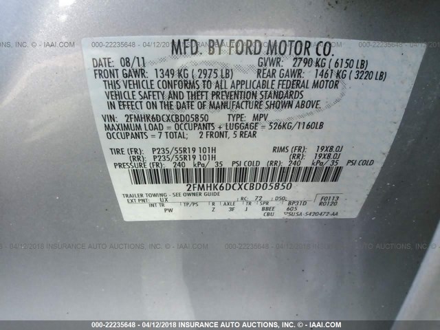 2FMHK6DCXCBD05850 - 2012 FORD FLEX LIMITED SILVER photo 9