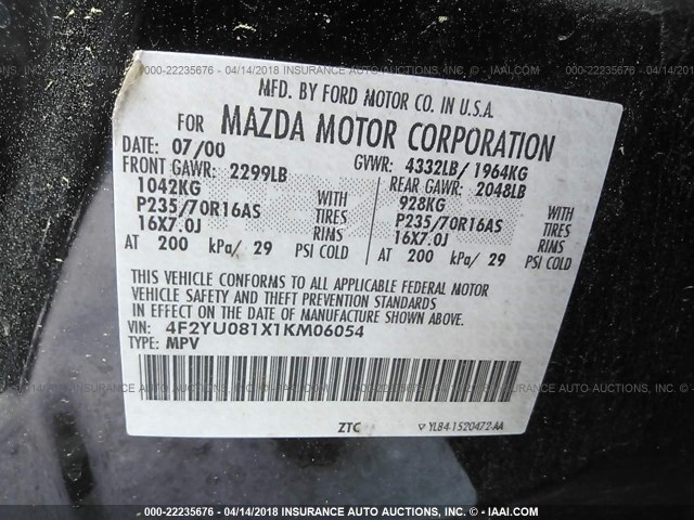 4F2YU081X1KM06054 - 2001 MAZDA TRIBUTE LX/ES BLACK photo 9