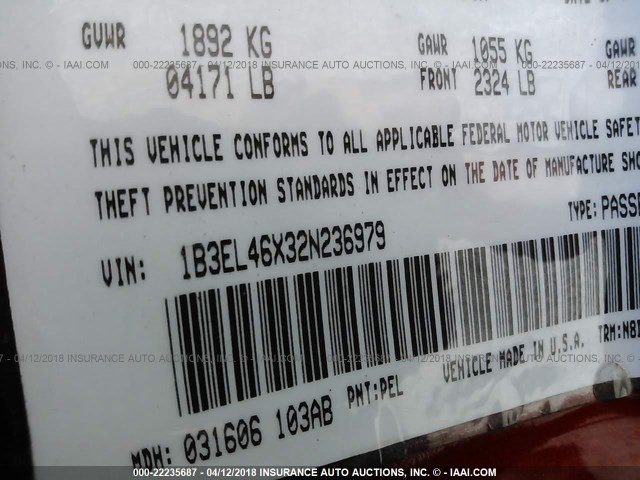 1B3EL46X32N236979 - 2002 DODGE STRATUS SE PLUS MAROON photo 9