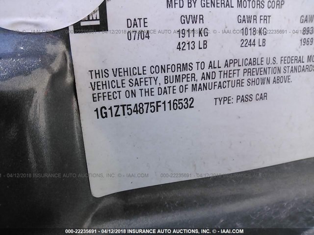 1G1ZT54875F116532 - 2005 CHEVROLET MALIBU LS 灰色 照片 9