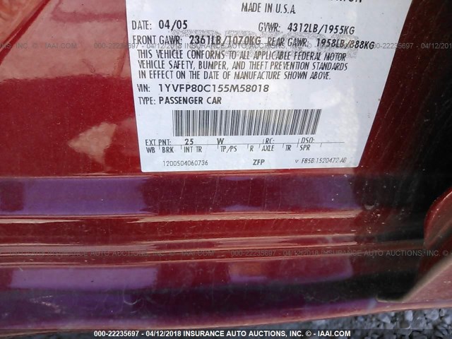 1YVFP80C155M58018 - 2005 MAZDA 6 I Марун фото 9