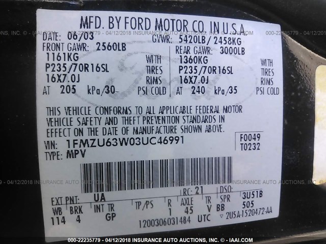 1FMZU63W03UC46991 - 2003 FORD EXPLORER XLT/XLT SPORT/NBX 黑色 照片 9