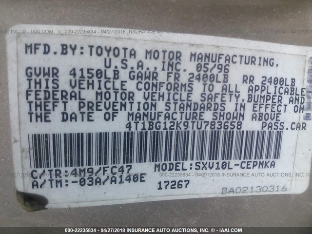 4T1BG12K9TU783658 - 1996 TOYOTA CAMRY DX/LE/XLE ვერცხლისფერი ფოტო 9