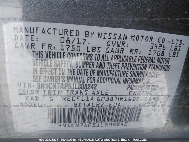 3N1CN7AP5JL808242 - 2018 NISSAN VERSA S/S PLUS/SV/SL GRAY photo 9