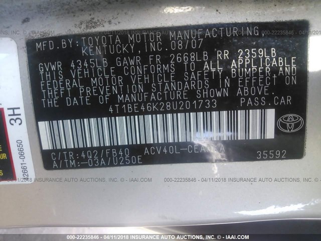 4T1BE46K28U201733 - 2008 TOYOTA CAMRY CE/LE/XLE/SE GOLD photo 9