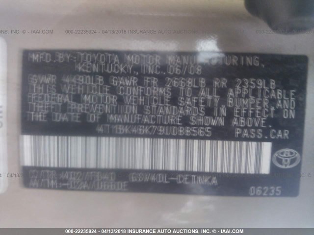 4T1BK46K79U088565 - 2009 TOYOTA CAMRY SE/LE/XLE 金色 照片 9