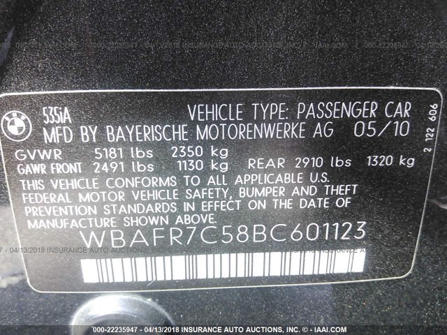 WBAFR7C58BC601123 - 2011 BMW 535 I BLACK photo 9