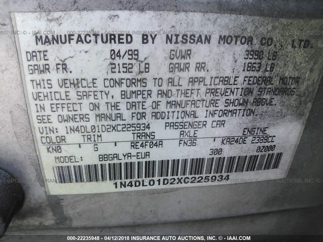 1N4DL01D2XC225934 - 1999 NISSAN ALTIMA XE/GXE/SE/GLE GRAY photo 9