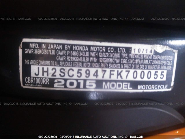 JH2SC5947FK700055 - 2015 HONDA CBR1000 RR ORANGE photo 10