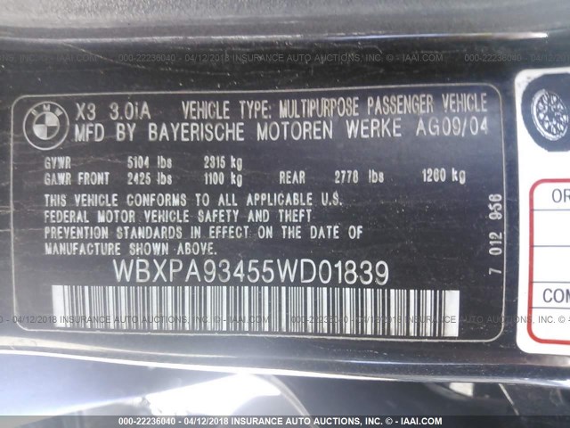 WBXPA93455WD01839 - 2005 BMW X3 3.0I BLACK photo 9