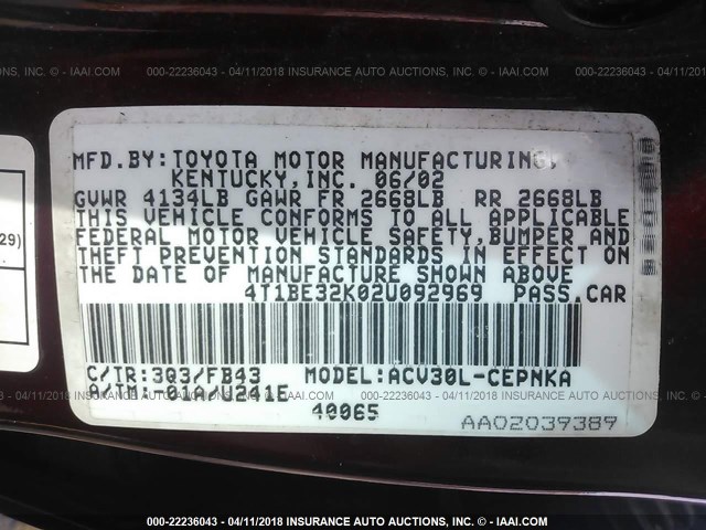 4T1BE32K02U092969 - 2002 TOYOTA CAMRY LE/XLE/SE RED photo 9