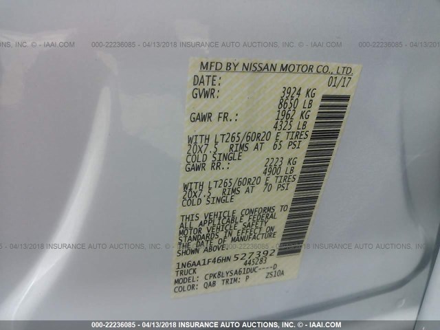 1N6AA1F46HN527392 - 2017 NISSAN TITAN XD SL/PRO-4X/PLAT RES/SV WHITE photo 9