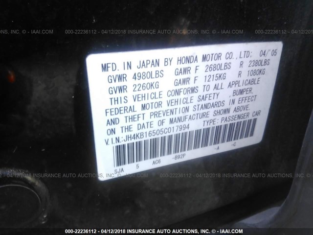 JH4KB16505C017994 - 2005 ACURA RL Qara foto 9