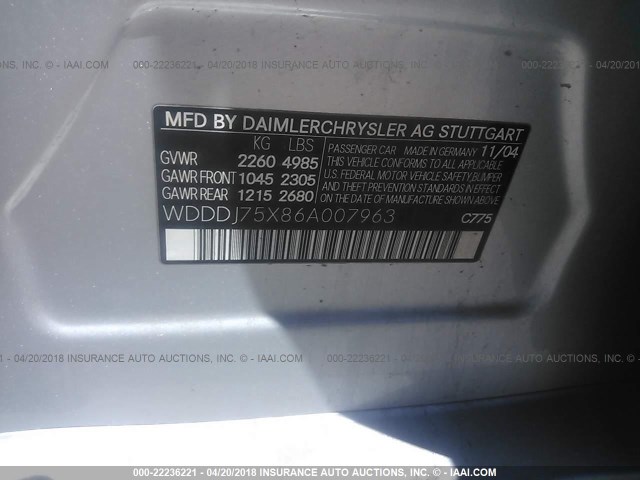 WDDDJ75X86A007963 - 2006 MERCEDES-BENZ CLS 500C SILVER photo 9