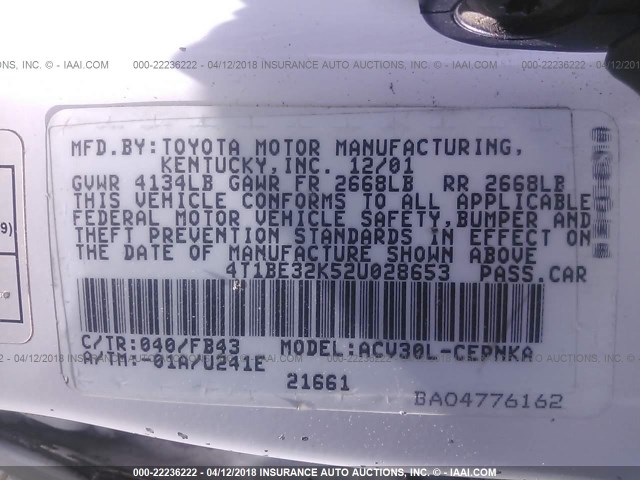 4T1BE32K52U028653 - 2002 TOYOTA CAMRY LE/XLE/SE WHITE photo 9