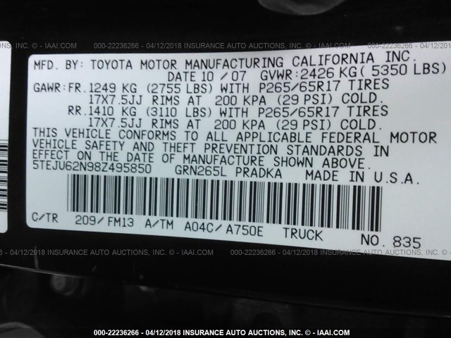 5TEJU62N98Z495850 - 2008 TOYOTA TACOMA DOUBLE CAB PRERUNNER BLACK photo 9