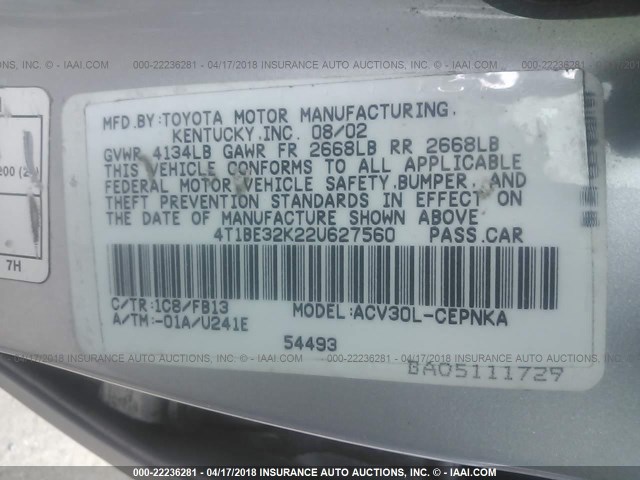 4T1BE32K22U627560 - 2002 TOYOTA CAMRY LE/XLE/SE SILVER photo 9