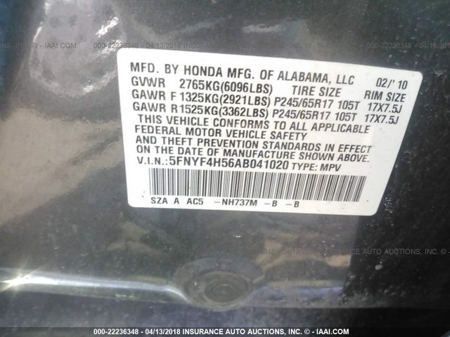 5FNYF4H56AB041020 - 2010 HONDA PILOT EXL GRAY photo 9