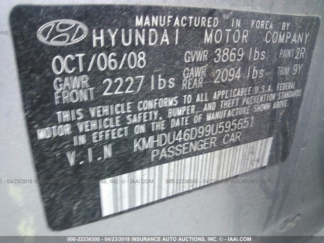 KMHDU46D99U595651 - 2009 HYUNDAI ELANTRA GLS/SE SILVER photo 9