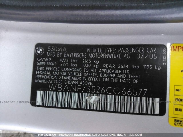 WBANF73526CG66577 - 2006 BMW 530 XI SILVER photo 9