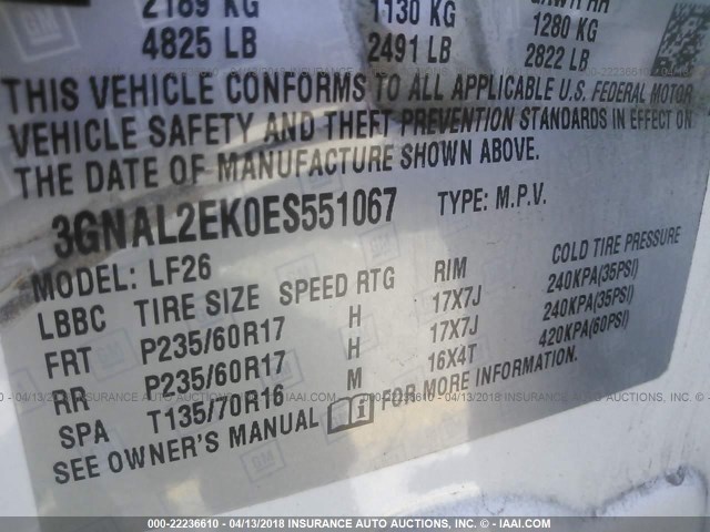 3GNAL2EK0ES551067 - 2014 CHEVROLET CAPTIVA LS 白色 照片 9