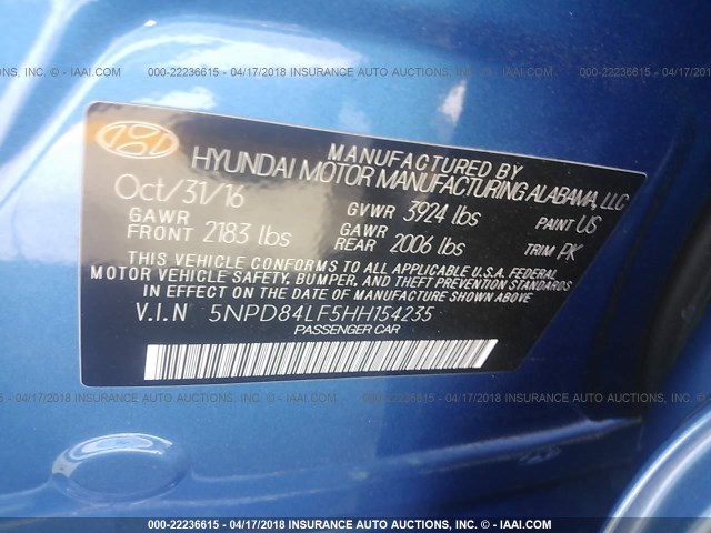 5NPD84LF5HH154235 - 2017 HYUNDAI ELANTRA SE/VALUE/LIMITED BLUE photo 9