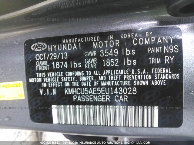 KMHCU5AE5EU143028 - 2014 HYUNDAI ACCENT GLS/SE GRAY photo 9