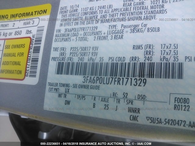 3FA6P0LU7FR171329 - 2015 FORD FUSION SE HYBRID SILVER photo 9