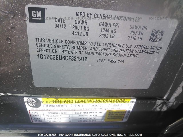 1G1ZC5EU6CF331912 - 2012 CHEVROLET MALIBU 1LT BROWN photo 9