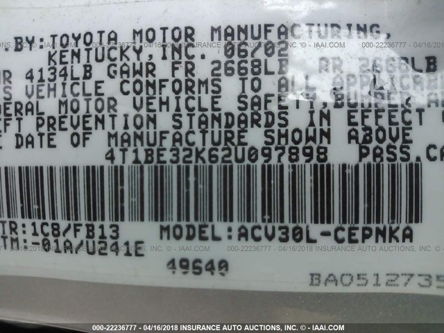 4T1BE32K62U097898 - 2002 TOYOTA CAMRY LE/XLE/SE ვერცხლისფერი ფოტო 9
